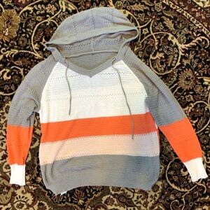 Gray and Orange V-Neck Sweater with Color-Block Design
